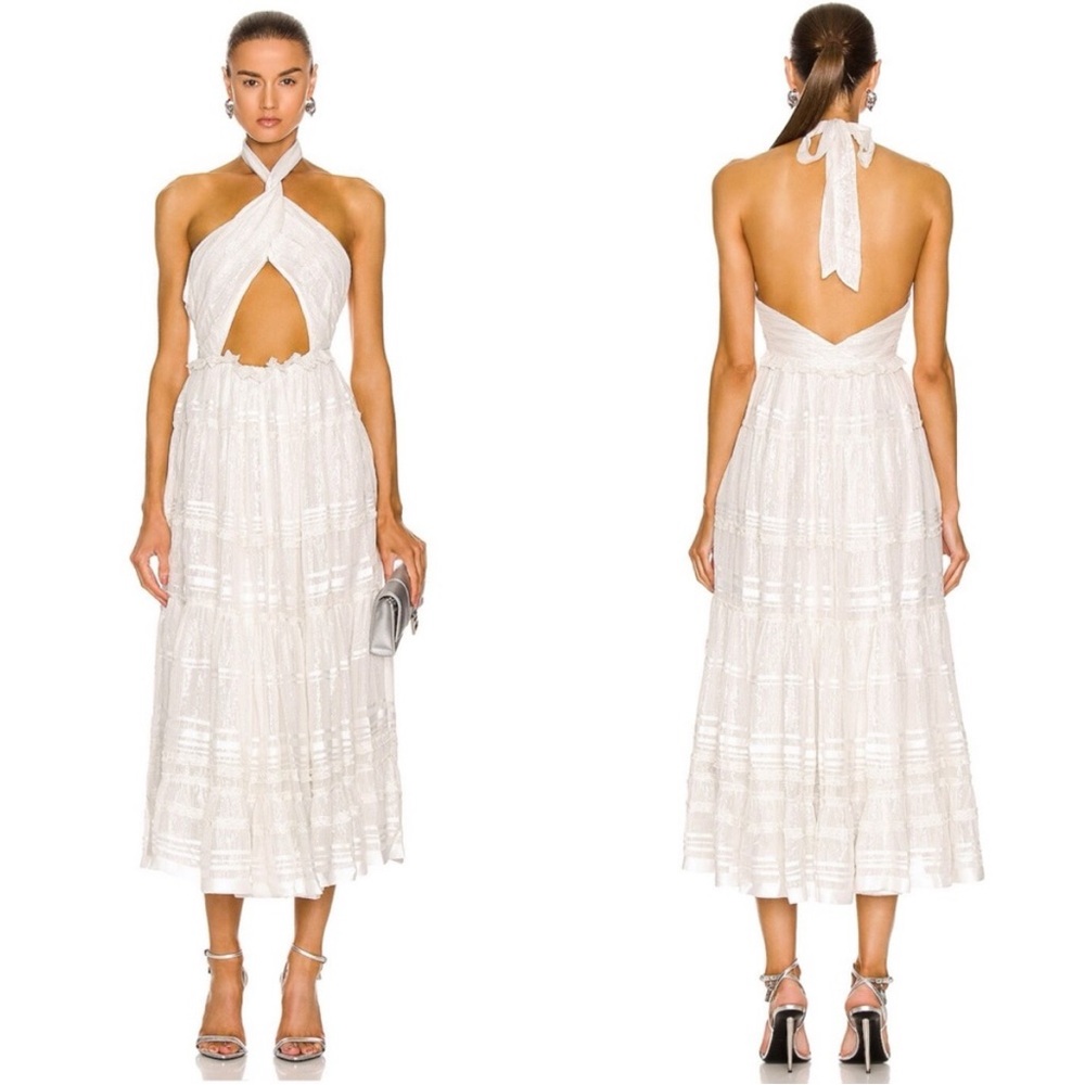 Rococo Sand True Halter Wrap Midi Metallic Dress